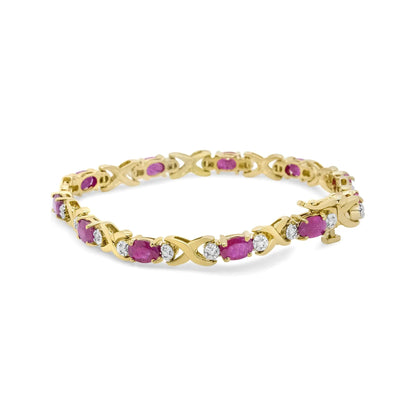 14K Yellow Gold 1/4 Cttw Diamond and Oval Red Ruby Alternating X Link Bracelet (I-J Color, I3 Clarity) WEM Support (www.WEM.support)