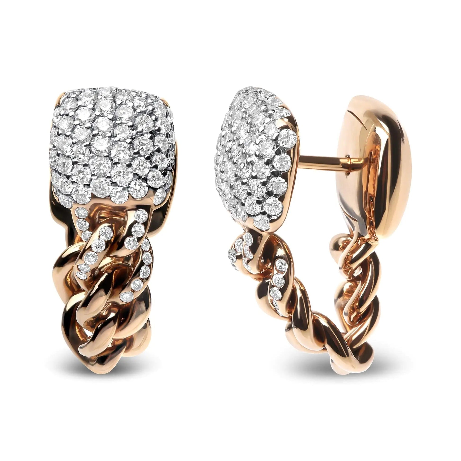 18K Rose Gold 3/4 Cttw Round Diamond Pave Cuban Chain Huggie Earrings (G-H Color, SI1-SI2 Clarity) WEM Support (www.WEM.support)