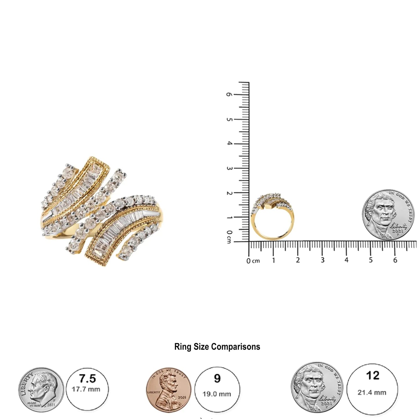 10K Yellow Gold 1.0 Cttw Round and Baguette Diamond Woven Bypass Ring (H-I,I1-I2) WEM Support (www.WEM.support)
