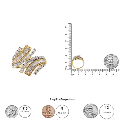 10K Yellow Gold 1.0 Cttw Round and Baguette Diamond Woven Bypass Ring (H-I,I1-I2) WEM Support (www.WEM.support)