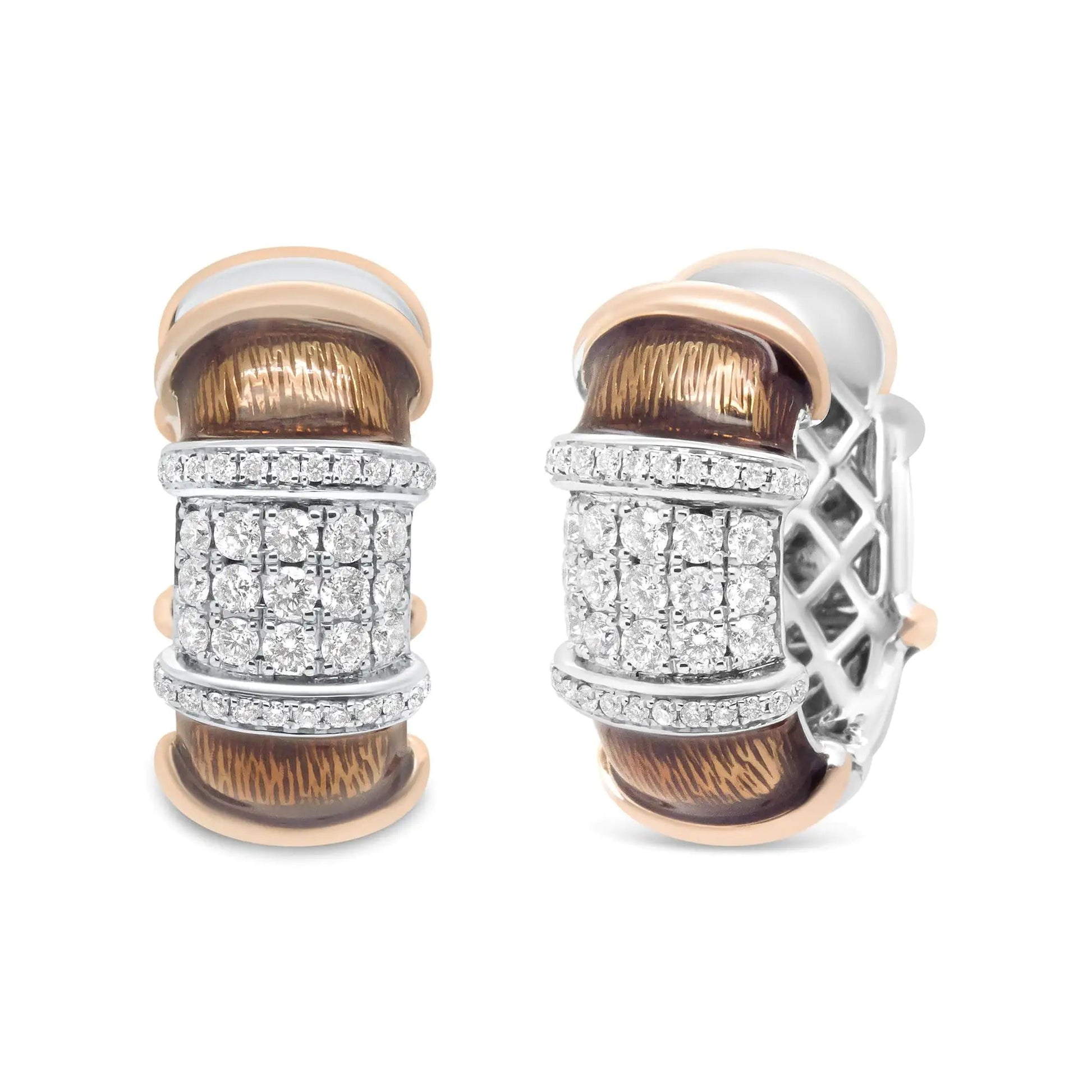 18K White and Rose Gold Flash Plated .925 Sterling Silver Clear Brown Enamel 1/6 Cttw Round Diamond Huggie Hoop Earrings (F-G Color, VS1-VS2 Clarity) WEM Support (www.WEM.support)