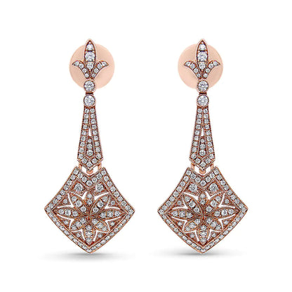 18K Rose Gold 1 1/3 Cttw Diamond Studded Fleur De Lis Trellis Style Drop and Dangle Earring (F-G Color, VS1-VS2 Clarity) WEM Support (www.WEM.support)