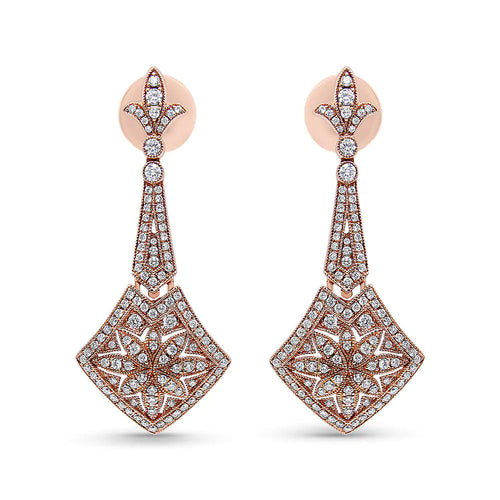 18K Rose Gold 1 1/3 Cttw Diamond Studded Fleur De Lis Trellis Style Drop and Dangle Earring (F-G Color, VS1-VS2 Clarity) WEM Support (www.WEM.support)