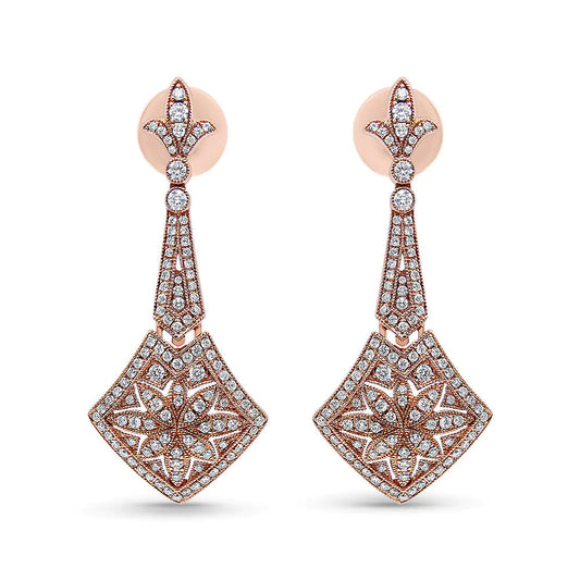18K Rose Gold 1 1/3 Cttw Diamond Studded Fleur De Lis Trellis Style Drop and Dangle Earring (F-G Color, VS1-VS2 Clarity) WEM Support (www.WEM.support)