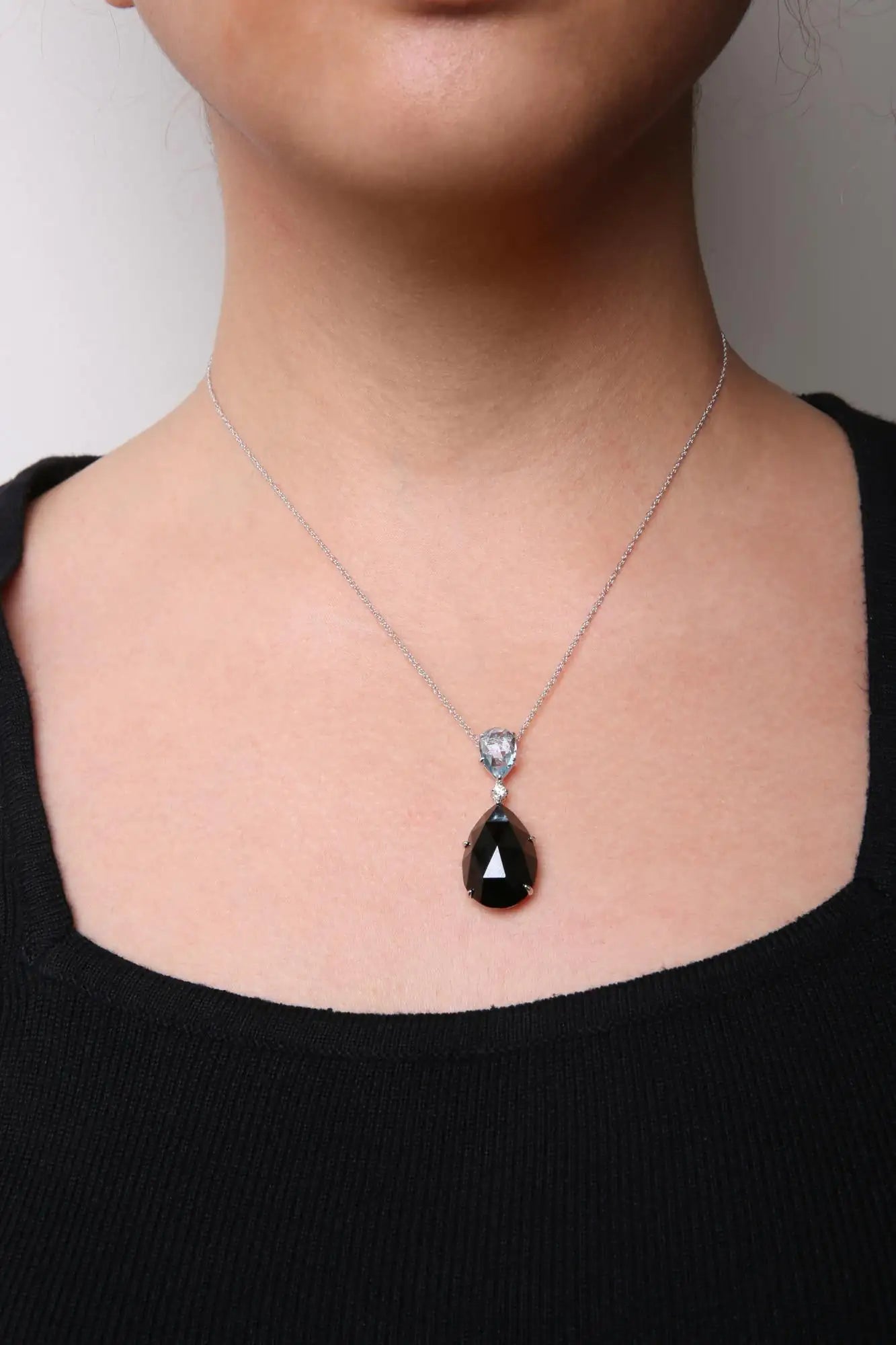 18K White Gold Diamond Accent and Pear Cut Sky Blue Topaz and Pear Cut Black Onyx Dangle Drop 18" Pendant Necklace (G-H Color, SI1-SI2 Clarity) WEM Support (www.WEM.support)