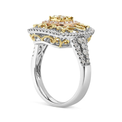 14K Tri-Toned Gold 1.00 Cttw Yellow Diamond Halo and Milgrain Cocktail Cluster Ring (Yellow/G-H Color, SI1-SI2 Clarity) - Ring Size 7 WEM Support (www.WEM.support)