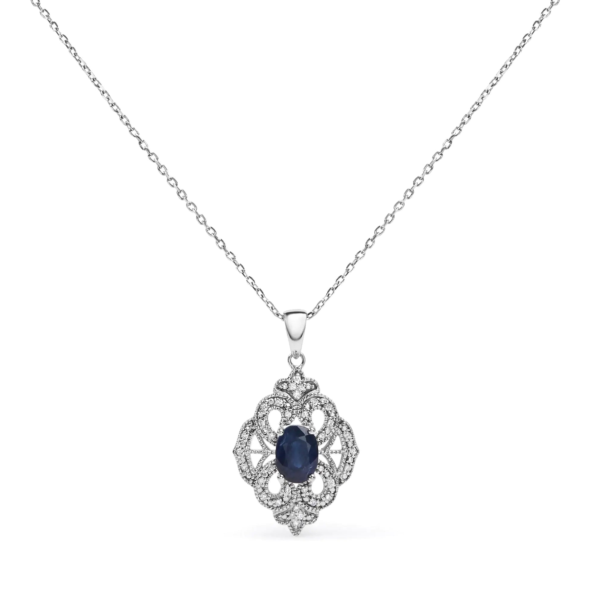 .925 Sterling Silver 7x5 MM Oval Blue Sapphire and Diamond Accent Art Deco Style Shield Shaped 18" Pendant Necklace (I-J Color, I3 Clarity) WEM Support (www.WEM.support)