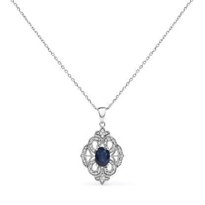 .925 Sterling Silver 7x5 MM Oval Blue Sapphire and Diamond Accent Art Deco Style Shield Shaped 18" Pendant Necklace (I-J Color, I3 Clarity) WEM Support (www.WEM.support)