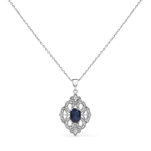 .925 Sterling Silver 7x5 MM Oval Blue Sapphire and Diamond Accent Art Deco Style Shield Shaped 18" Pendant Necklace (I-J Color, I3 Clarity) WEM Support (www.WEM.support)