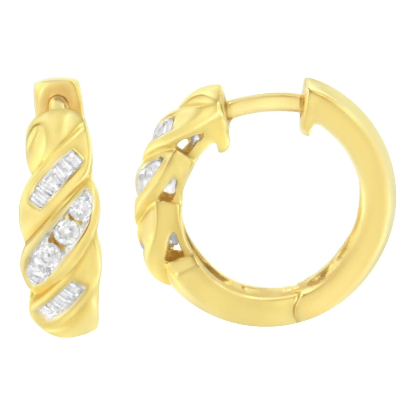 14K Yellow Gold 1/4 ct TDW Alternating 3 Row Baguette & Round Brilliant-Cut Diamond Huggy Hoop Earrings (H-I, I2-I3) WEM Support (www.WEM.support)