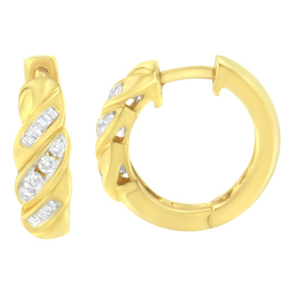 14K Yellow Gold 1/4 ct TDW Alternating 3 Row Baguette & Round Brilliant-Cut Diamond Huggy Hoop Earrings (H-I, I2-I3) WEM Support (www.WEM.support)
