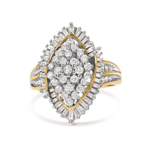 10K Yellow Gold 1.0 Cttw Round and Baguette-Cut Diamond Cluster Ring (I-J Color, SI2-I1 Clarity) WEM Support (www.WEM.support)