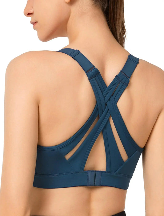 Yvette Sports Bra High Impact Adjustable Criss Cross Back, Full Support for Large Bust No Bounce Dark Royal Blue Medium Blue High Impact Bra My Store