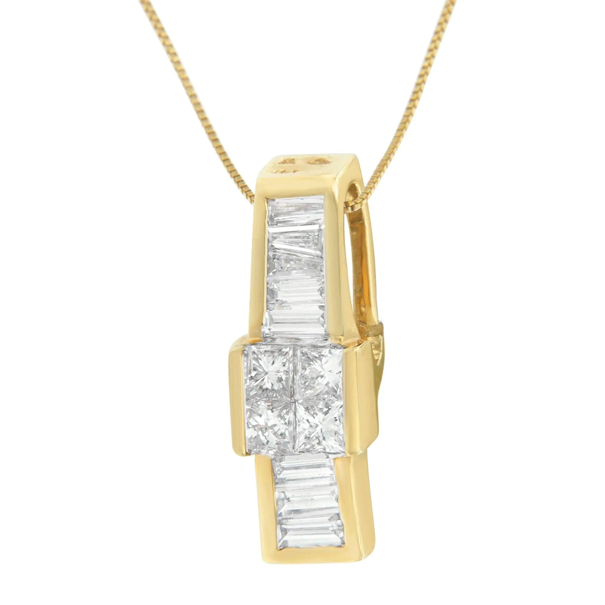 14K Yellow Gold 1 1/10 cttw Baguette and Princess Cut Overlapping Diamond Drop Pendant Necklace (H-I, SI1-SI2) WEM Support (www.WEM.support)