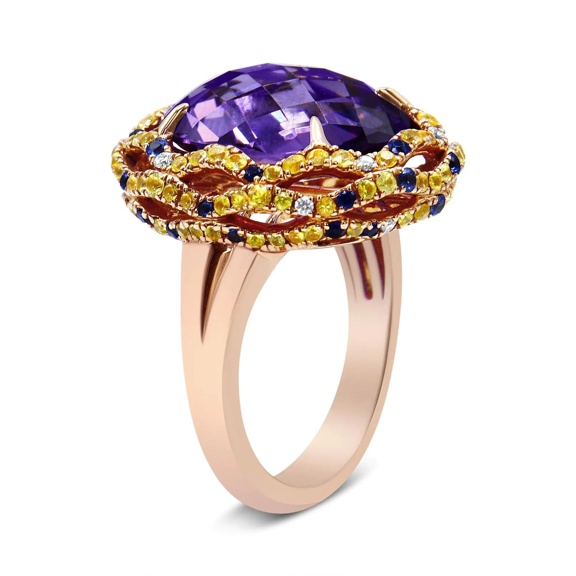 18K Yellow and Rose Gold Claw Prong Set Checkerboard Cut Purple Amethyst, Blue & Yellow Sapphire, Diamond Accent Cocktail Ring Band (F-G Color, VS1-VS2 Clarity) WEM Support (www.WEM.support)