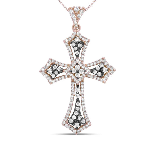 14K Rose Gold and Black Rhodium 1.0 Cttw Diamond Ornate Vintage St. James Budded Cross Pendant 18" Necklace - (Brown/H-I Color, SI1-SI2 Clarity) WEM Support (www.WEM.support)