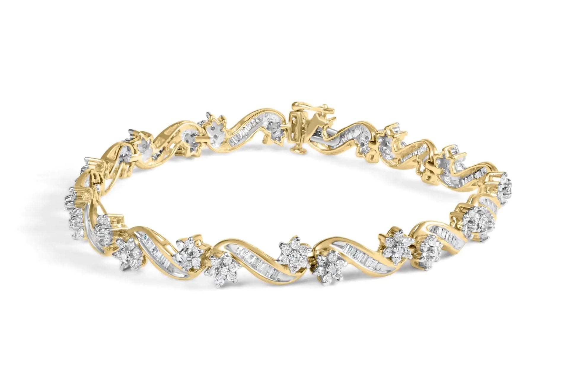 10k Yellow Gold 3.00 Cttw Round-Cut and Baguette-Cut Floral Link 7.25" Bracelet (I-J Color, I1-I2 Clarity) WEM Support (www.WEM.support)