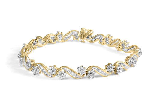 10k Yellow Gold 3.00 Cttw Round-Cut and Baguette-Cut Floral Link 7.25" Bracelet (I-J Color, I1-I2 Clarity) WEM Support (www.WEM.support)