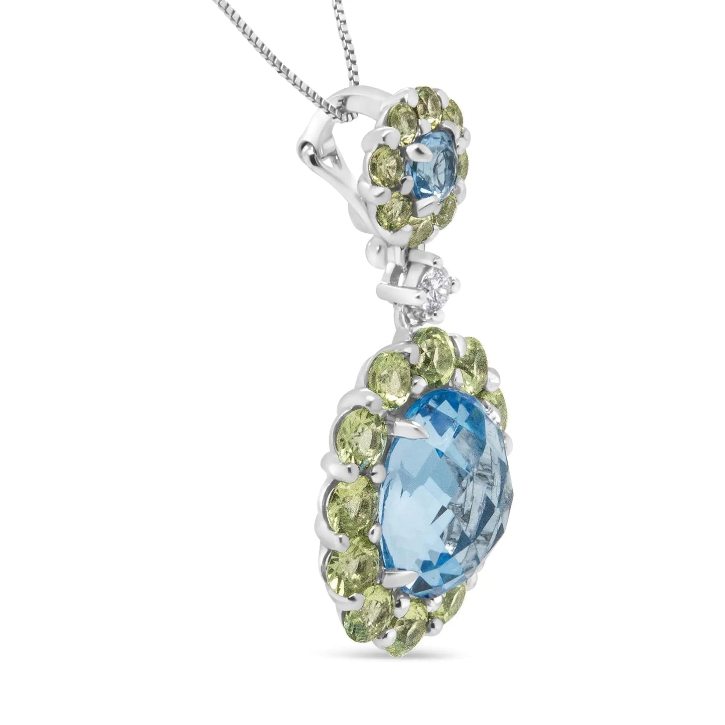 18k White Gold 0.05 Cttw Round Diamond and Blue Topaz and Green Peridot Gemstone Halo Drop 18" Pendant Necklace (F-G Color, VS1-VS2 Clarity) WEM Support (www.WEM.support)