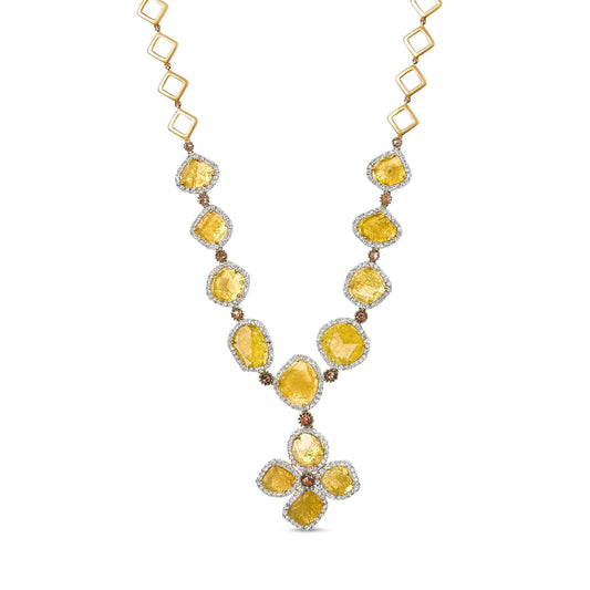 14K Yellow Gold 16 7/8 Cttw Fancy Yellow Rose Cut Diamond 16" Collar Necklace with 4 Leaf Clover Drop (Fancy Yellow/I-J Color, I1-I2 Clarity) WEM Support (www.WEM.support)