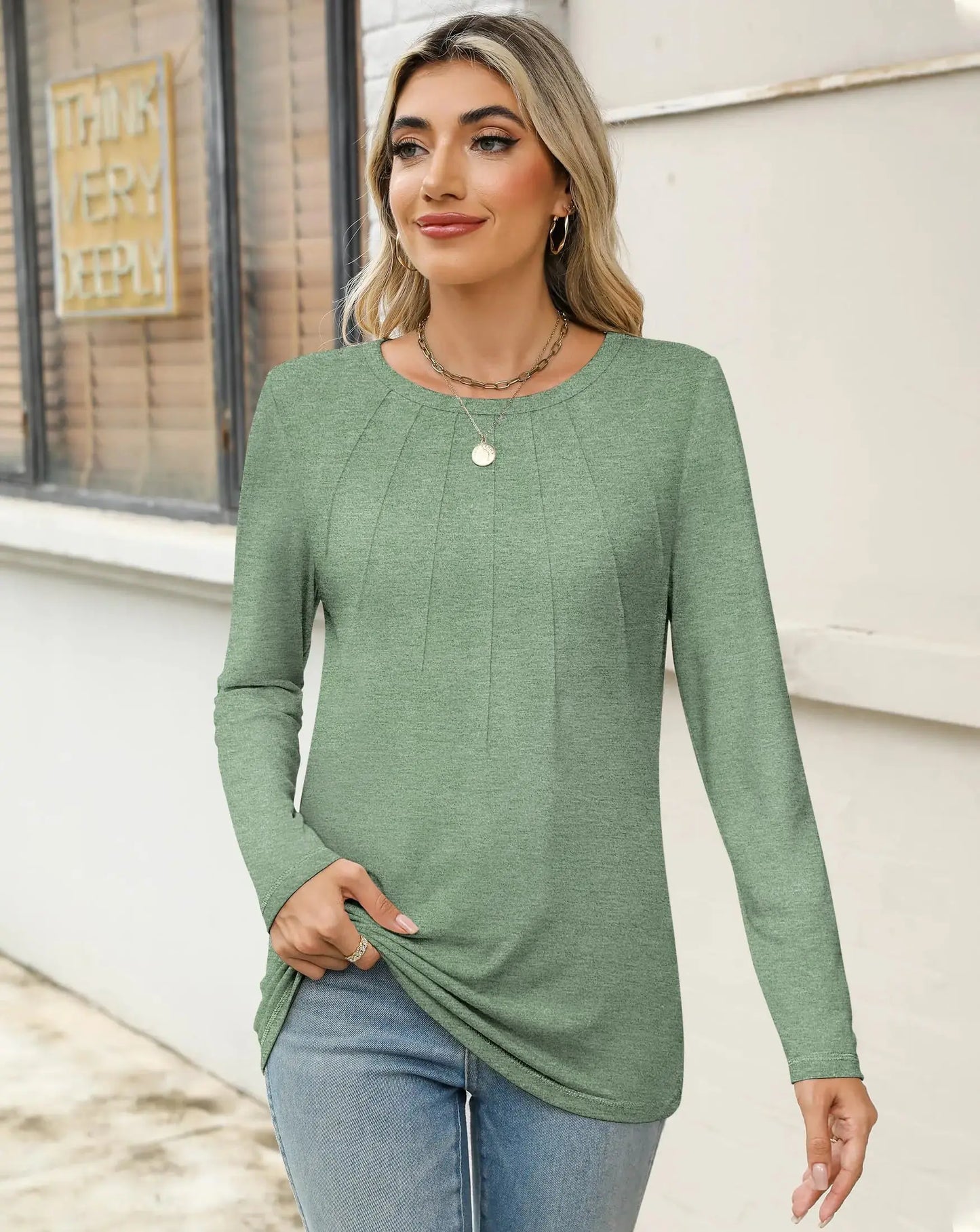 Womens Long Sleeve Shirts Pleated Tunic Tops Loose Dressy Casual Blouses Basic Trendy Fall Clothes 2024 02 Light Green Small, Green Pleated Tunic Tops My Store