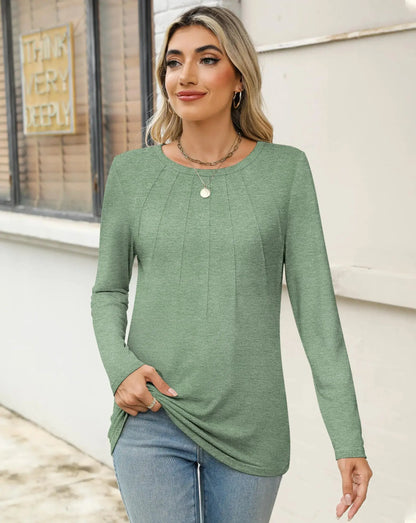 Womens Long Sleeve Shirts Pleated Tunic Tops Loose Dressy Casual Blouses Basic Trendy Fall Clothes 2024 02 Light Green Small, Green Pleated Tunic Tops My Store