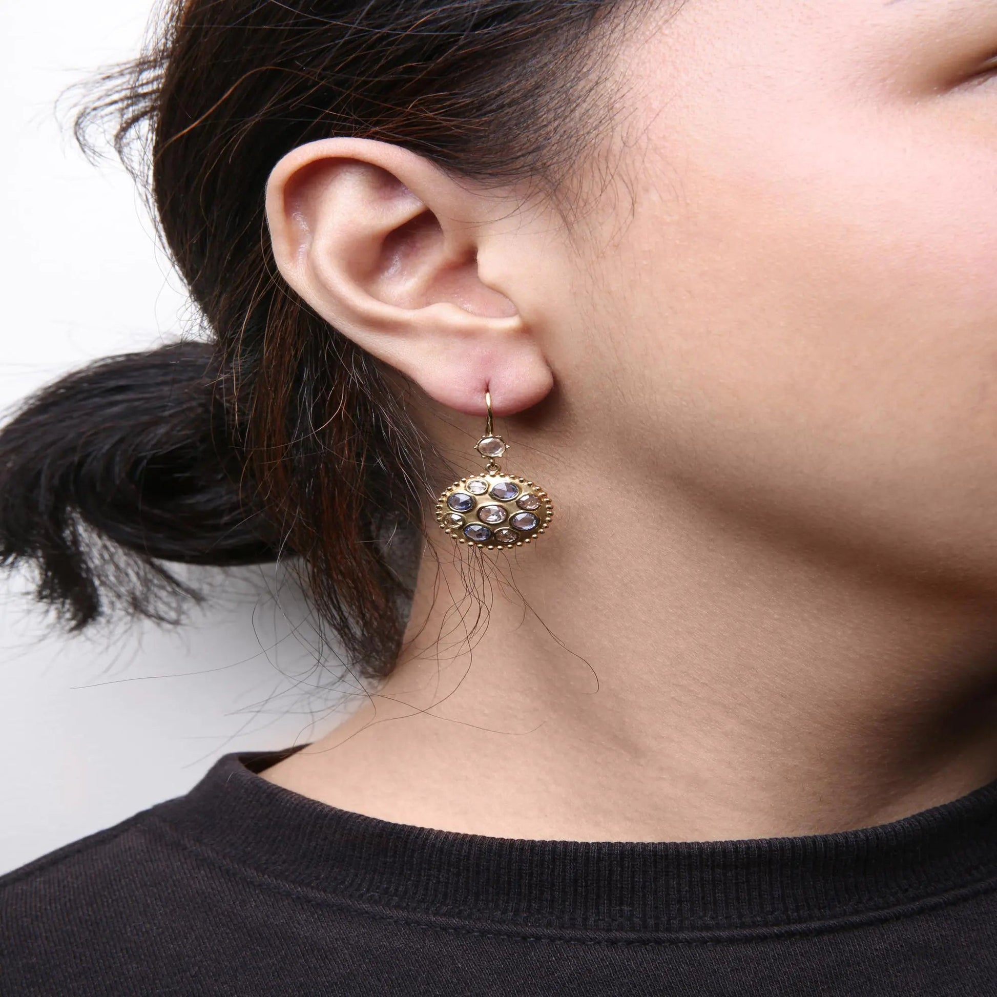 18K Yellow Gold 1 2/3 Cttw Diamond and Blue Sapphire Bezel Set Gemstone Cluster Medallion Dangle Earrings (Brown and G-H Color, SI1-SI2 Clarity) WEM Support (www.WEM.support)