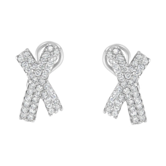 14K White Gold 2.0 Cttw Round-Brilliant Cut Diamond Domed X Shaped Omega Back Stud Earrings (H-I Color, I1-I2 Clarity) WEM Support (www.WEM.support)
