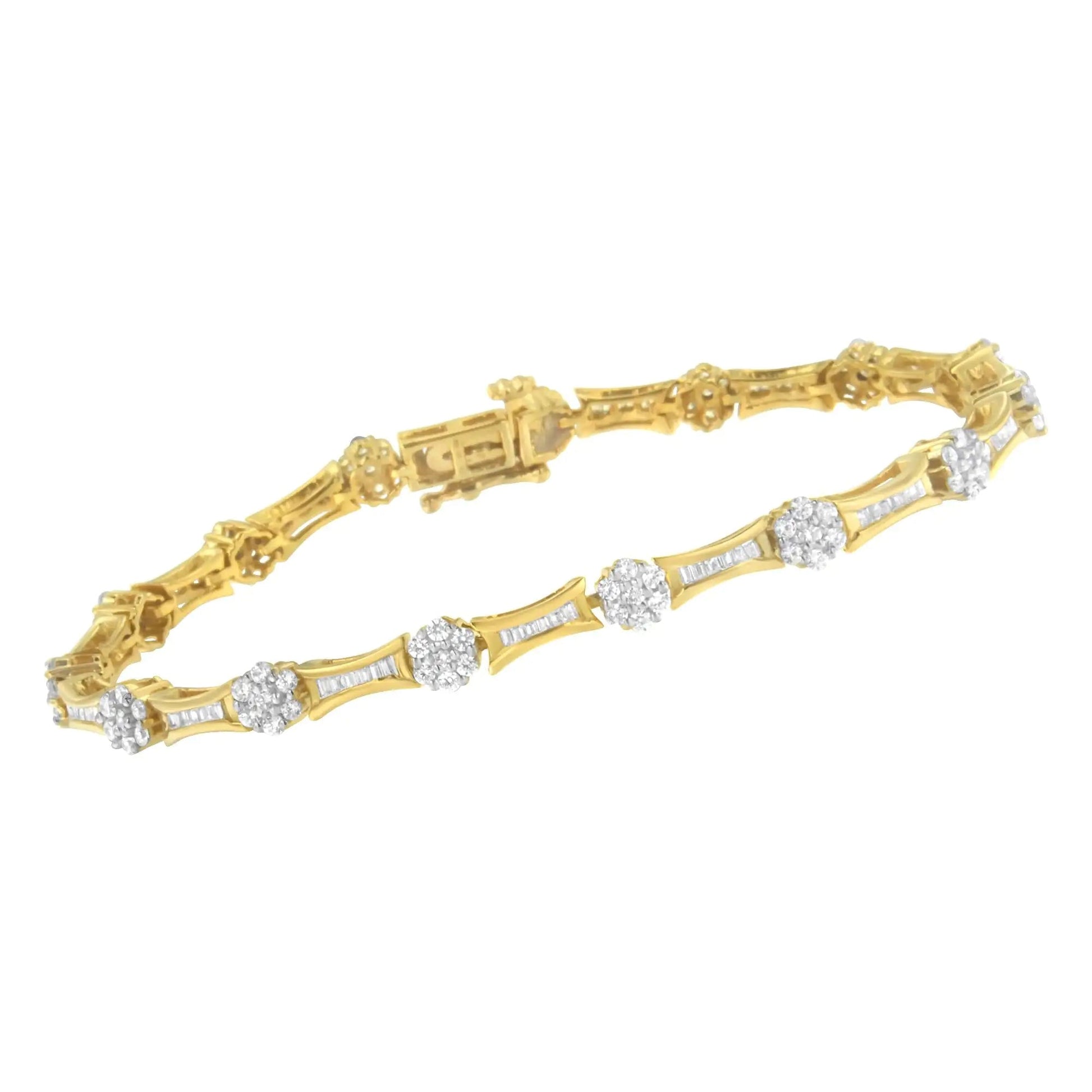 10K Yellow and White Gold 2.00 cttw Round and Baguette-Cut Diamond Link Bracelet (I-J Color, I2-I3 Clarity) - Size 7.25" WEM Support (www.WEM.support)