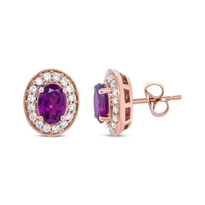 14K Rose Gold 7x5mm Oval Cut Garnet and 3/8 Cttw Round Diamond Halo Stud Earrings (G-H Color, SI1-SI2 Clarity) WEM Support (www.WEM.support)