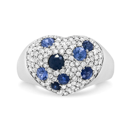18K White Gold Blue Sapphire and 5/8 Cttw Diamond Cluster Heart Shaped  Ring (F-G Color, VS1-VS2 Clarity) WEM Support (www.WEM.support)