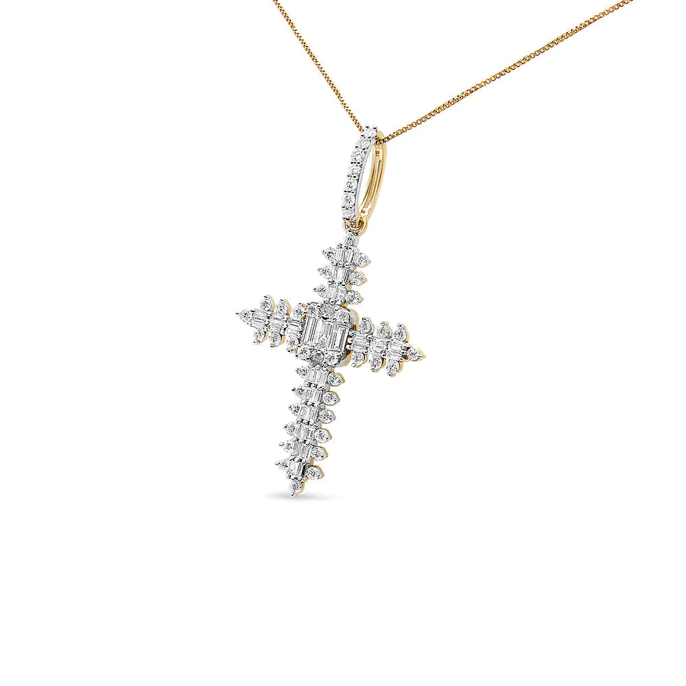10K Yellow Gold 7/8 Cttw Round & Baguette Diamond Zigzag Pattern Cross Pendant Necklace (H-I Color, SI2-I1 Clarity) - NO CHAIN INCLUDED WEM Support (www.WEM.support)