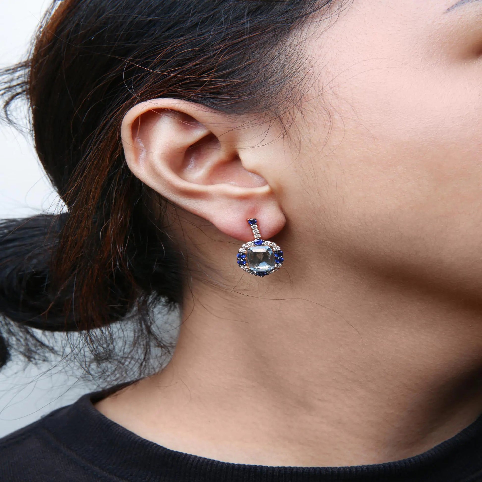 18K White and Rose Gold and 3/4 Cttw Diamond with Round Blue Sapphire and 13x8mm Cushion Cut Sky Blue Topaz Gemstone Cluster Dangle Earrings (G-H Color, SI1-SI2 Clarity) WEM Support (www.WEM.support)