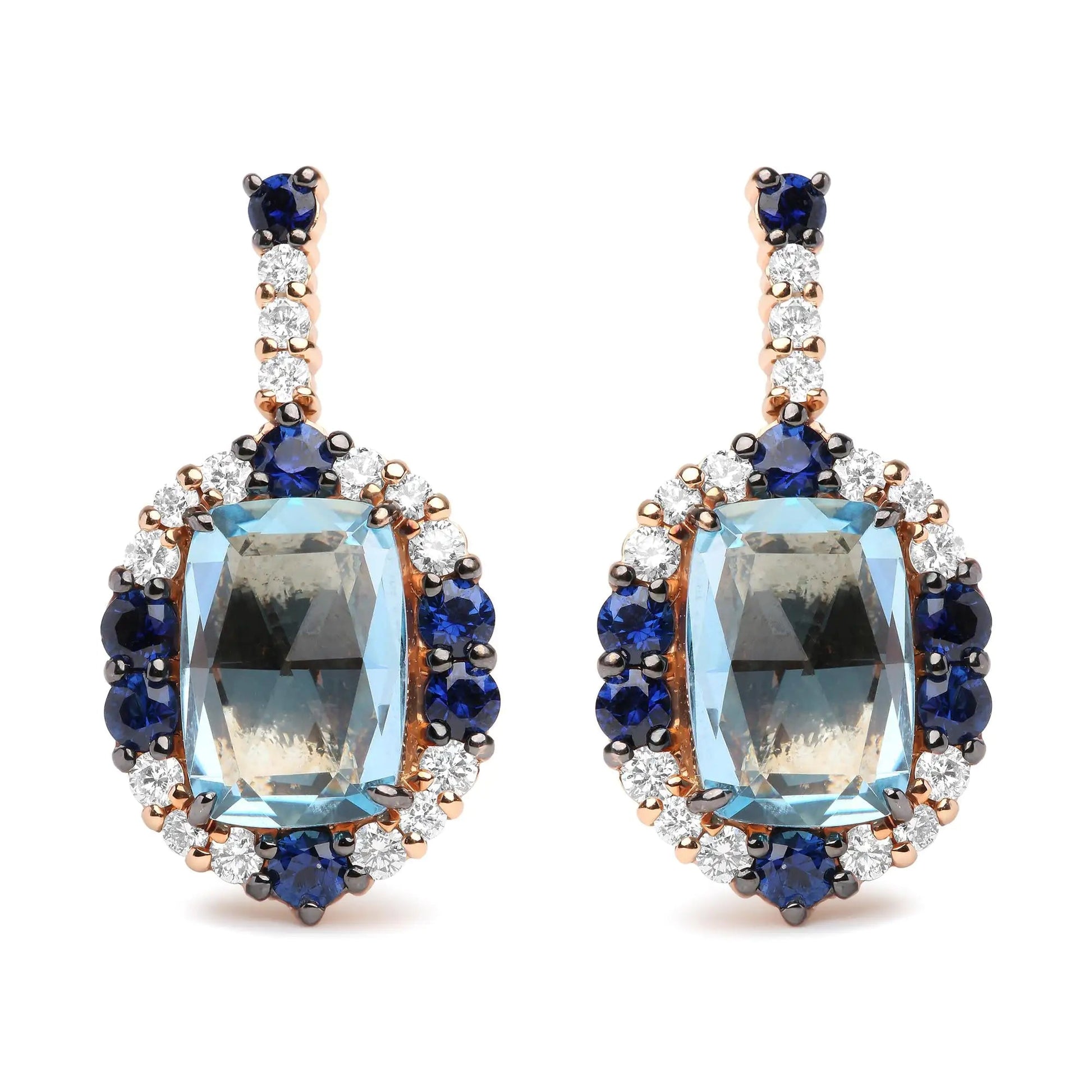 18K White and Rose Gold and 3/4 Cttw Diamond with Round Blue Sapphire and 13x8mm Cushion Cut Sky Blue Topaz Gemstone Cluster Dangle Earrings (G-H Color, SI1-SI2 Clarity) WEM Support (www.WEM.support)