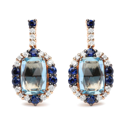 18K White and Rose Gold and 3/4 Cttw Diamond with Round Blue Sapphire and 13x8mm Cushion Cut Sky Blue Topaz Gemstone Cluster Dangle Earrings (G-H Color, SI1-SI2 Clarity) WEM Support (www.WEM.support)