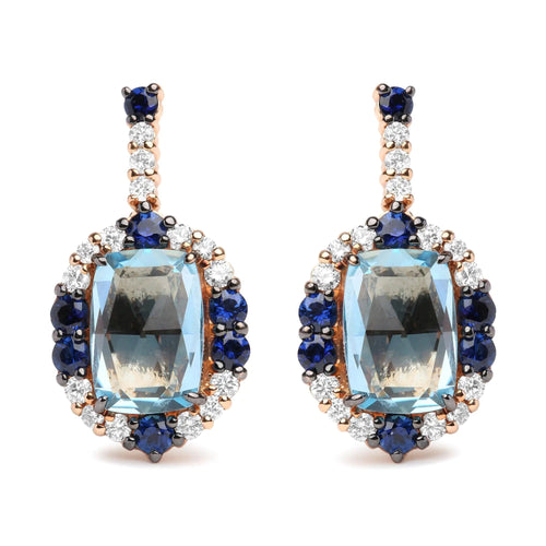 18K White and Rose Gold and 3/4 Cttw Diamond with Round Blue Sapphire and 13x8mm Cushion Cut Sky Blue Topaz Gemstone Cluster Dangle Earrings (G-H Color, SI1-SI2 Clarity) WEM Support (www.WEM.support)