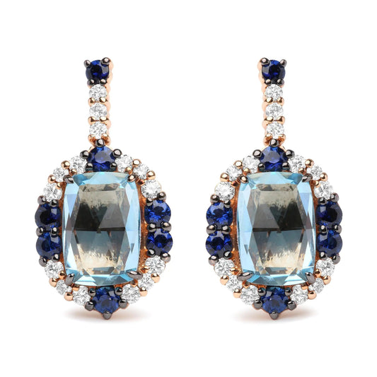 18K White and Rose Gold and 3/4 Cttw Diamond with Round Blue Sapphire and 13x8mm Cushion Cut Sky Blue Topaz Gemstone Cluster Dangle Earrings (G-H Color, SI1-SI2 Clarity) WEM Support (www.WEM.support)