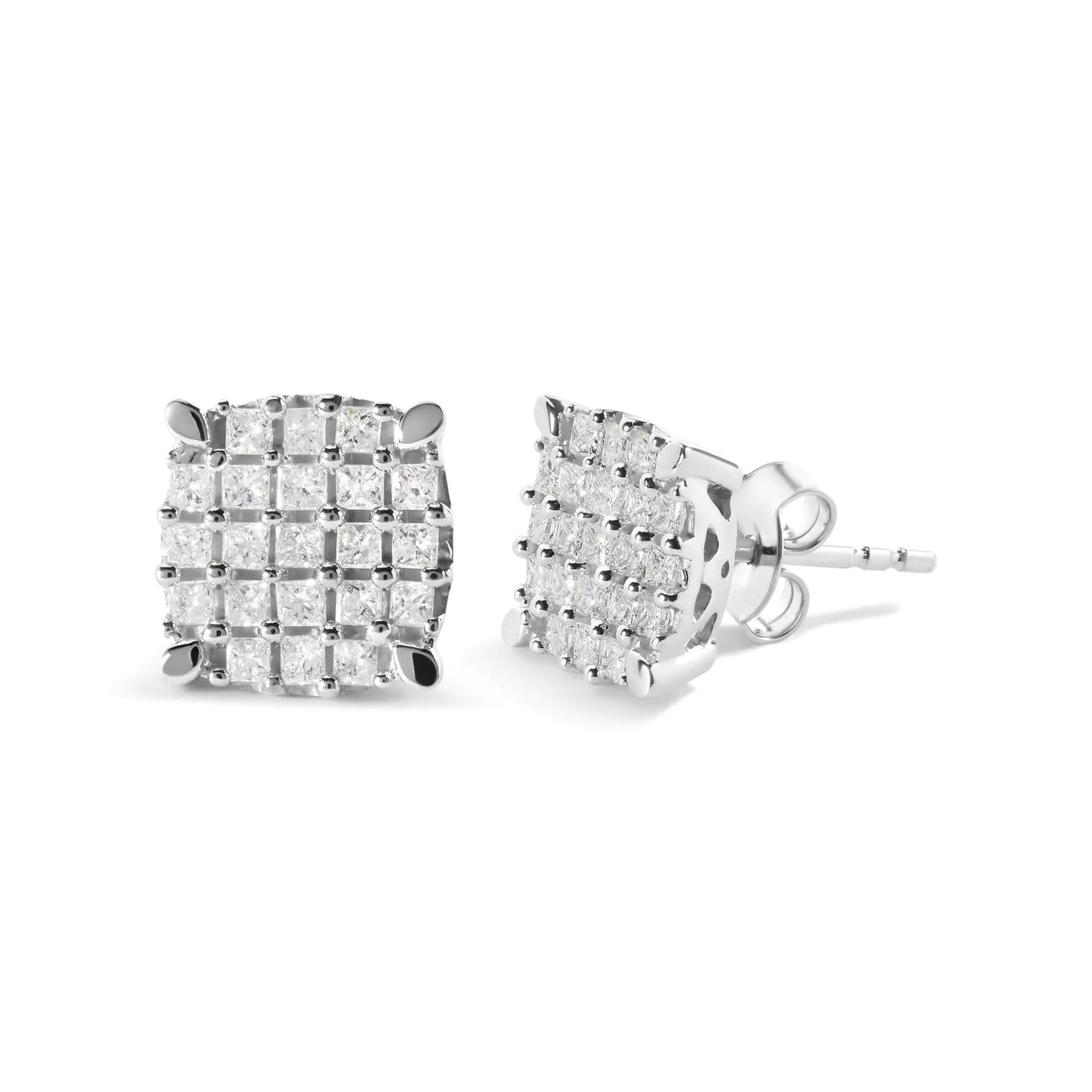 10K White Gold 3/4 Cttw Princess Diamond Composite Cushion Shape Stud Earrings (I-J Color, I1-I2 Clarity) WEM Support (www.WEM.support)