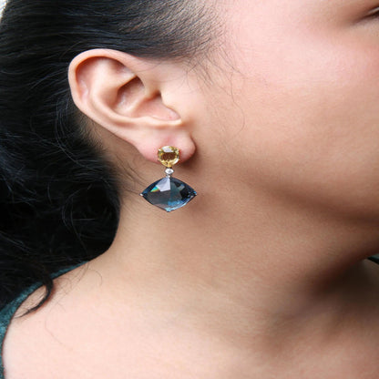18K White and Yellow Gold 1/5 Cttw Diamond with Pear Cut Lemon Quartz, and Cushion Cut London Blue Topaz Gemstone Dangle Earring (G-H Color, SI1-SI2 Clarity) WEM Support (www.WEM.support)