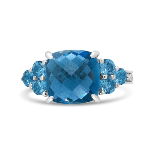 18K White Gold 10mm Cushion Shaped Blue Topaz and 1/6 Cttw Diamond 3 Stone Style Ring (F-G Color, VS1-VS2 Clarity) WEM Support (www.WEM.support)