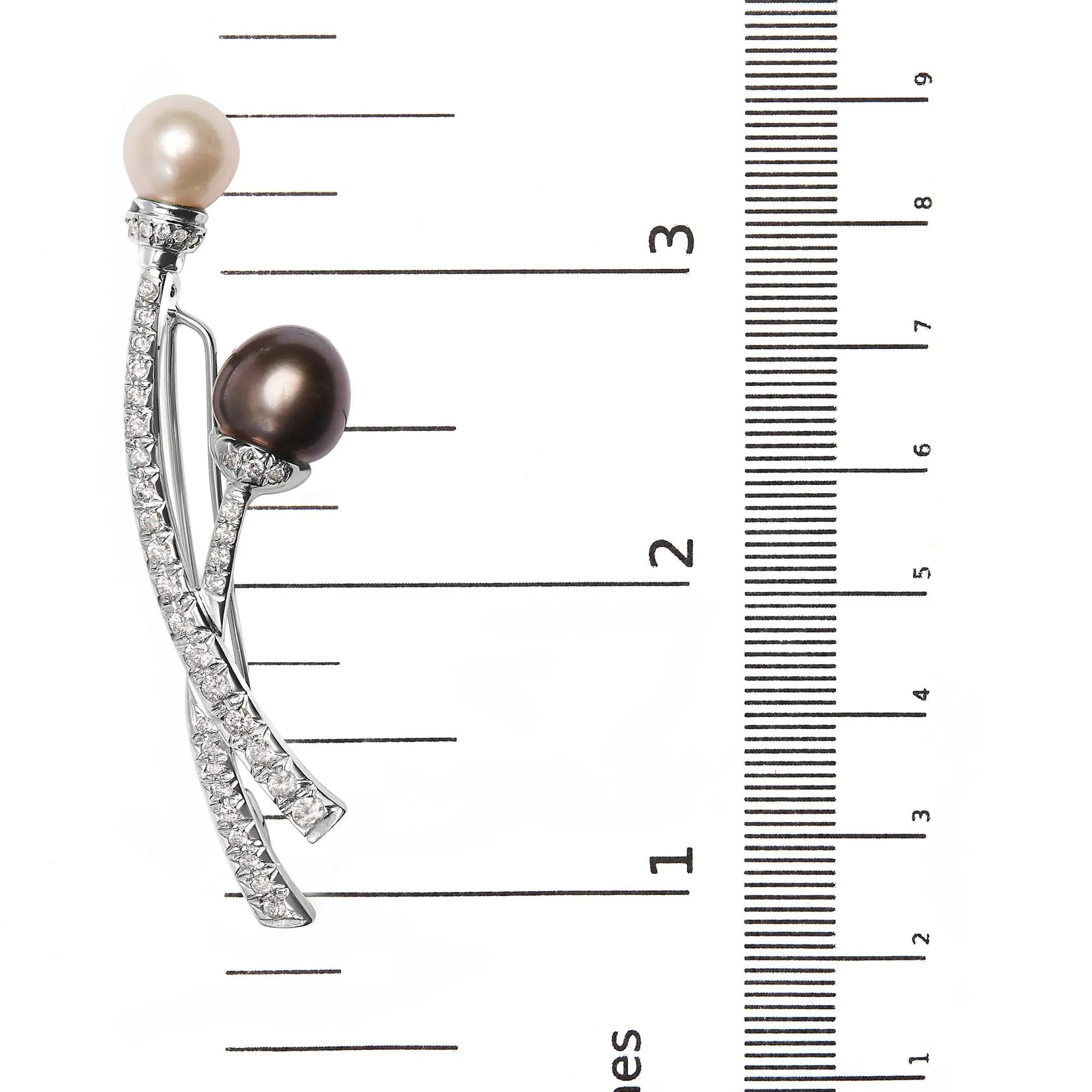 18K White Gold 3/5 Cttw Diamond and Cultured South Sea Black and White Pearl Brooch Pin (H-I Color, VS1-VS2 Clarity) WEM Support (www.WEM.support)