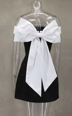 Women's Bow Black And White Contrasting-color Dress WEM Support (www.WEM.support)