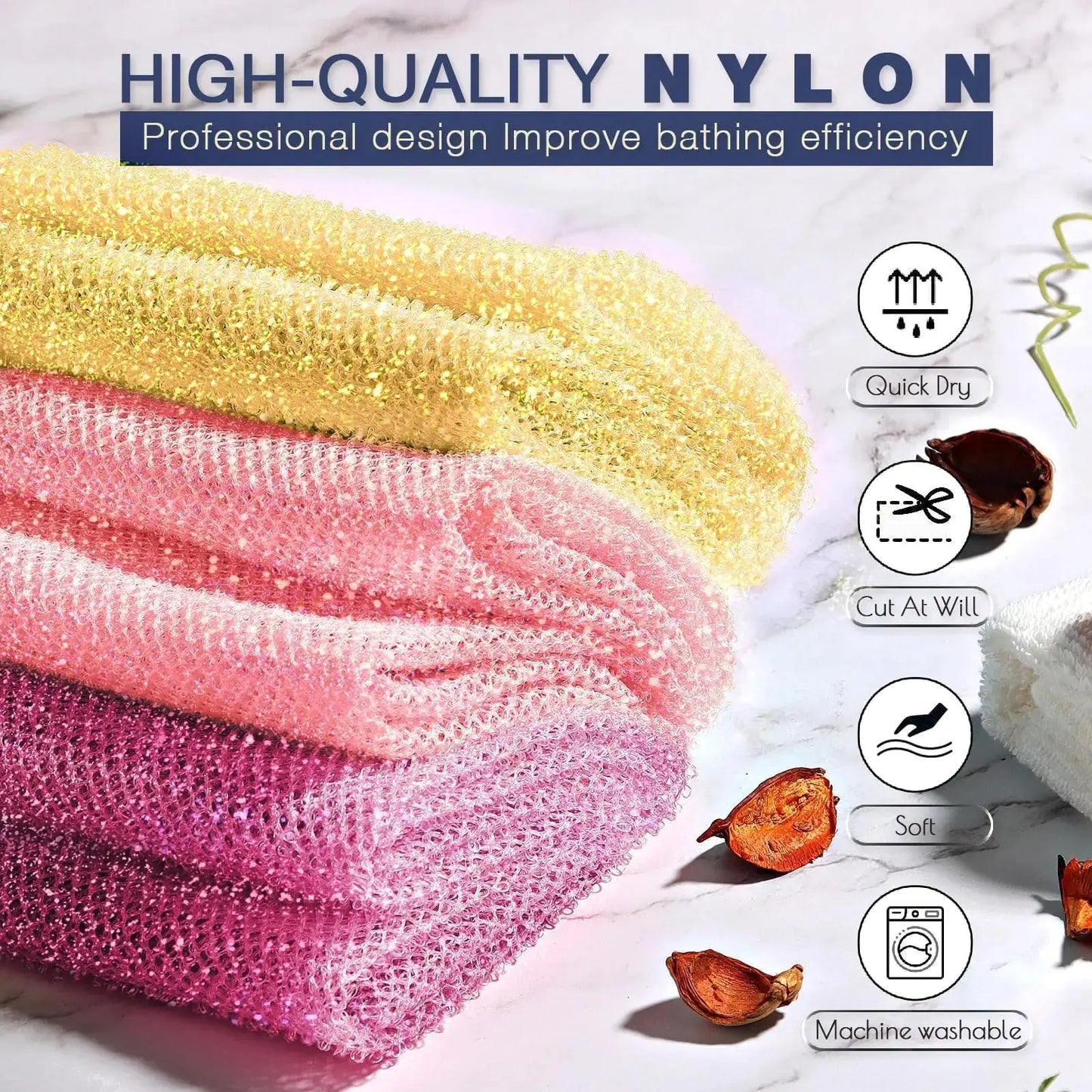 3 Piece Bright Style African exfoliating net Exfoliating Shower Set Long Bath Sponges for Smooth, Refreshed Skin, The Exterior Gleams - Ideal for Daily Use (Bright Yellow, Pink, Purple) Bright Yellow,Pink,Purple My Store