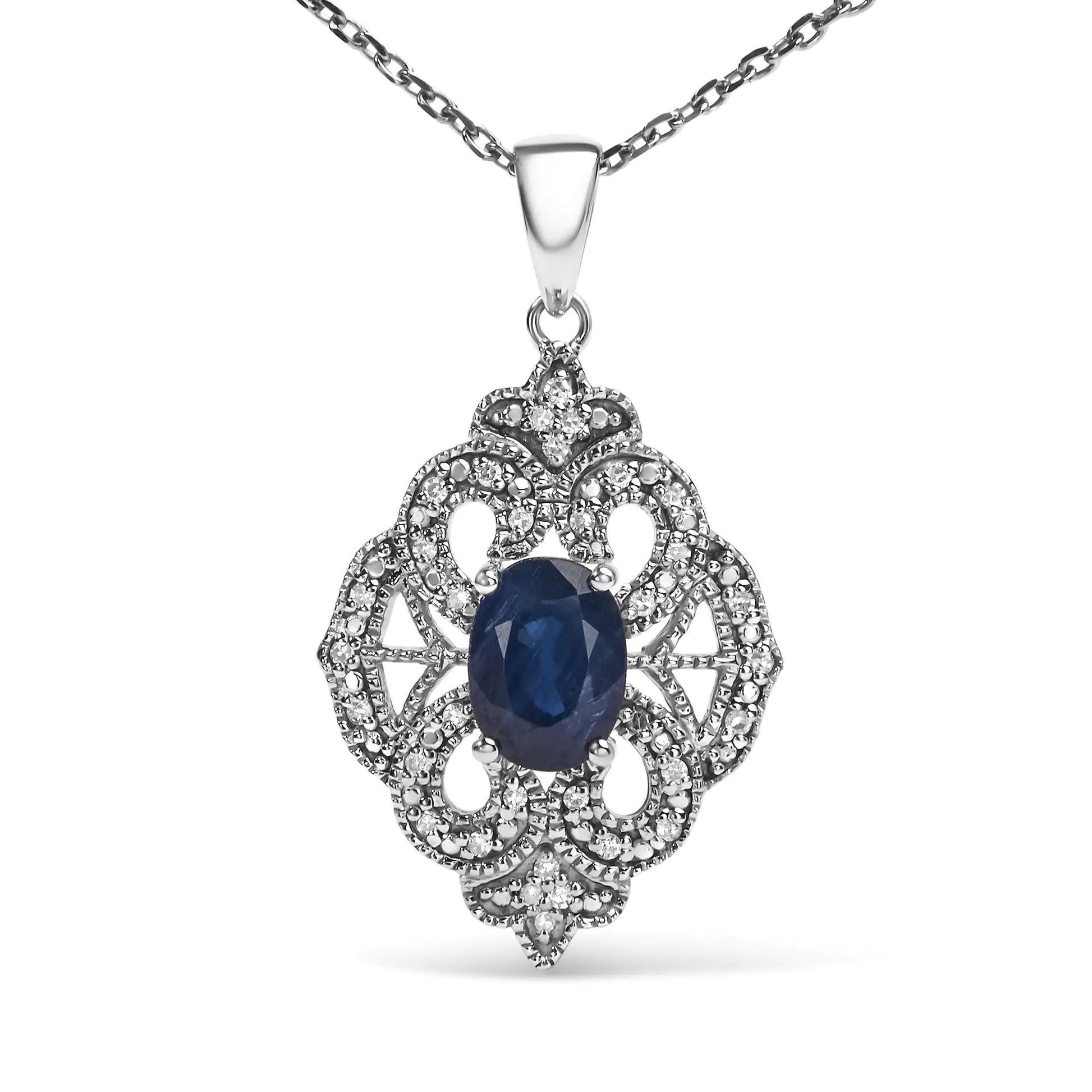 .925 Sterling Silver 7x5 MM Oval Blue Sapphire and Diamond Accent Art Deco Style Shield Shaped 18" Pendant Necklace (I-J Color, I3 Clarity) WEM Support (www.WEM.support)