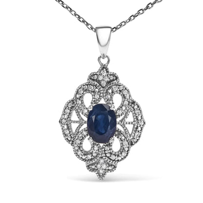 .925 Sterling Silver 7x5 MM Oval Blue Sapphire and Diamond Accent Art Deco Style Shield Shaped 18" Pendant Necklace (I-J Color, I3 Clarity) WEM Support (www.WEM.support)