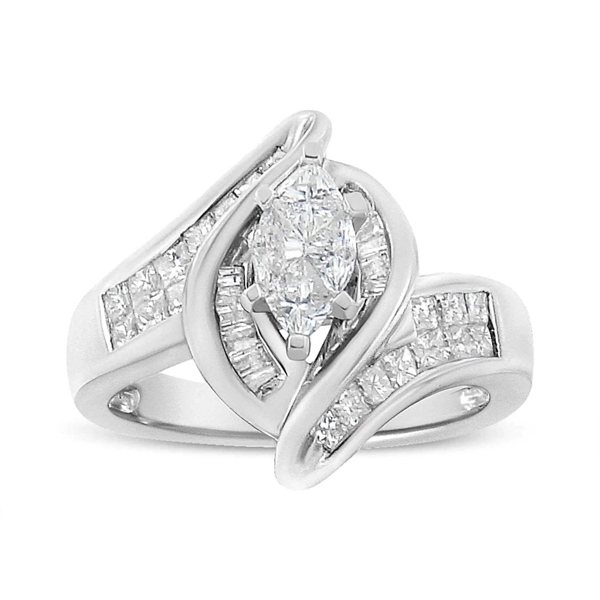 14K White Gold 1 1/4 Cttw Pie, Baguette and Princess cut Diamond Marquise Shape Engagement Cocktail Ring (H-I Color, SI2-I1 Clarity) WEM Support (www.WEM.support)