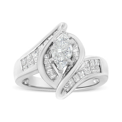 14K White Gold 1 1/4 Cttw Pie, Baguette and Princess cut Diamond Marquise Shape Engagement Cocktail Ring (H-I Color, SI2-I1 Clarity) WEM Support (www.WEM.support)