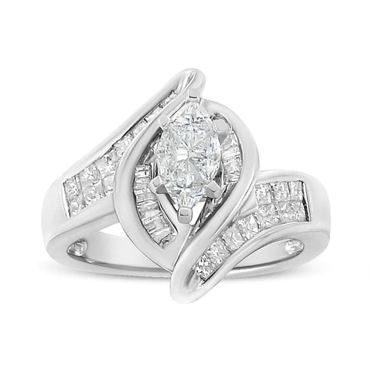 14K White Gold 1 1/4 Cttw Pie, Baguette and Princess cut Diamond Marquise Shape Engagement Cocktail Ring (H-I Color, SI2-I1 Clarity) WEM Support (www.WEM.support)