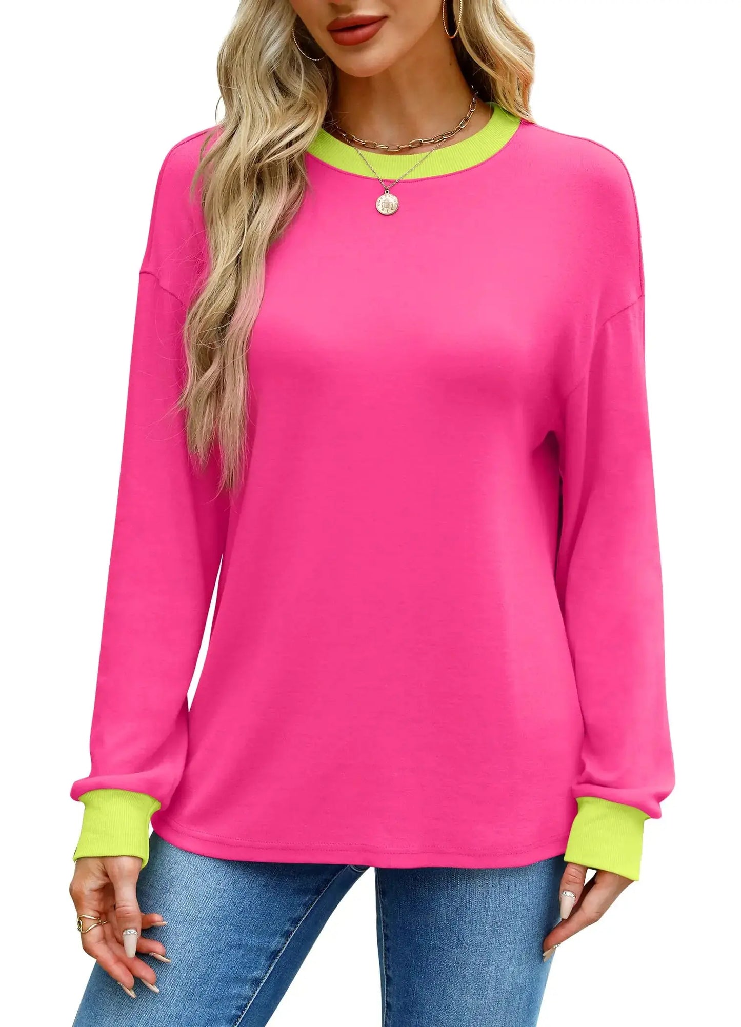 WIHOLL Womens Tunic Tops Long Sleeve Striped Shirts Crewneck Tops Plain Hot Pink X-Large My Store