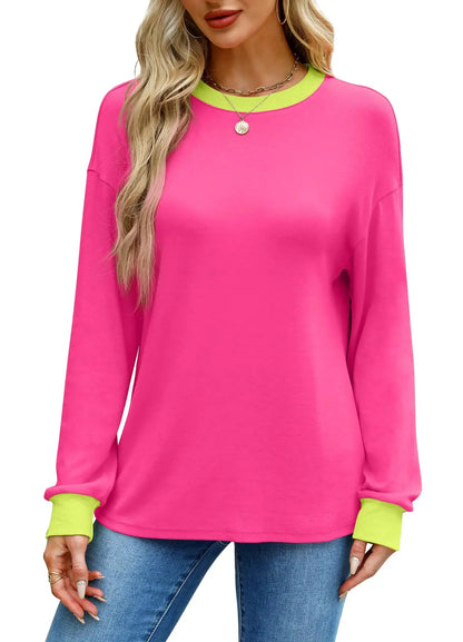 WIHOLL Womens Tunic Tops Long Sleeve Striped Shirts Crewneck Tops Plain Hot Pink X-Large My Store